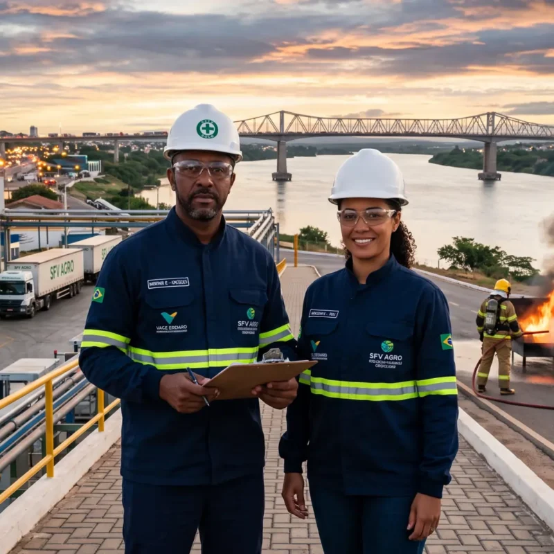 Treinamento de brigada de incêndio NR-23 na divisa entre Petrolina Pernambuco e Juazeiro Bahia com ponte Presidente Dutra ao fundo.