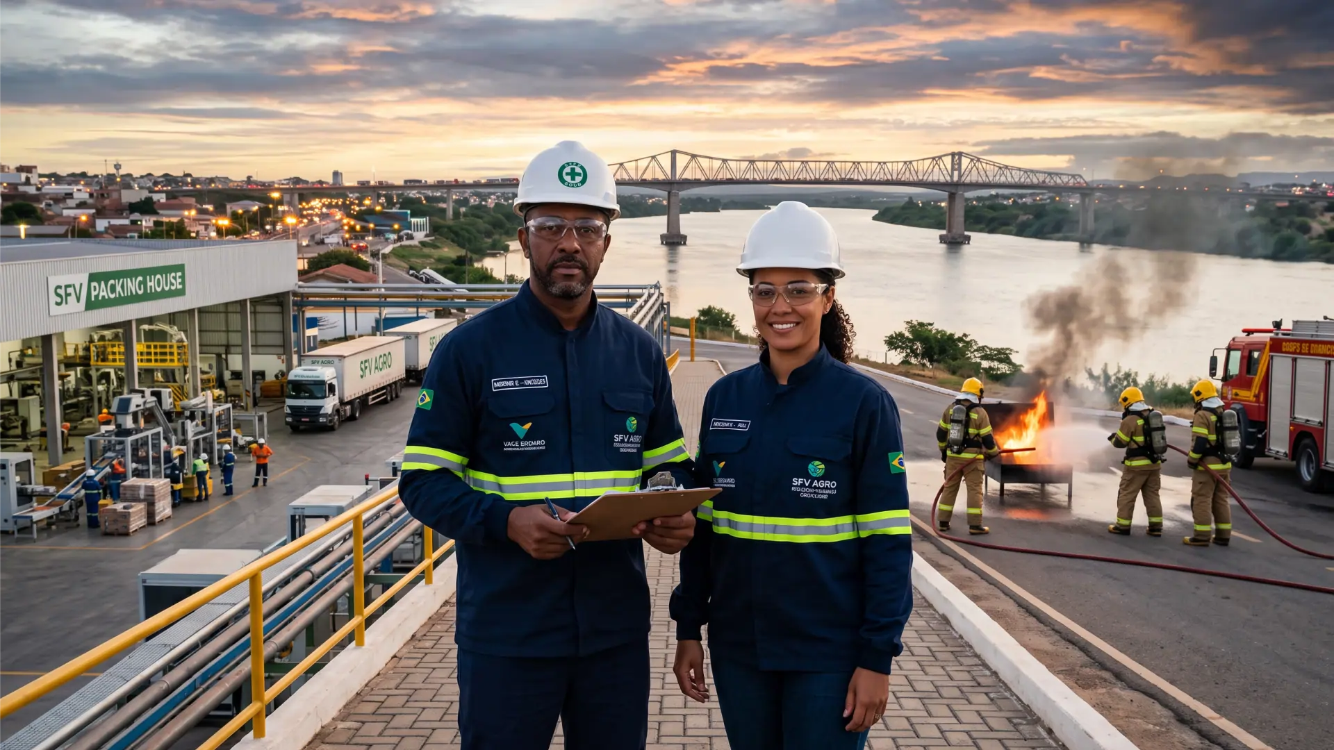 Treinamento de brigada de incêndio NR-23 na divisa entre Petrolina Pernambuco e Juazeiro Bahia com ponte Presidente Dutra ao fundo.